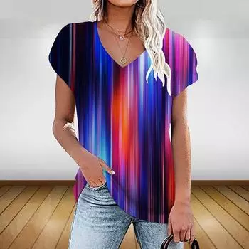 Модные новые красочные градиентные 3D-принты футболки женские уличные футболки Y2k топы женские Harajuku V-образный вырез футболки свободные размеры одежда S