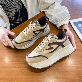 Модные новые кроссовки женские 2024 Весна Новые толстые подошвы с круглым носком на платформе женские туфли модные дышащие кружевные повседневные женские туфли 35 бежевый