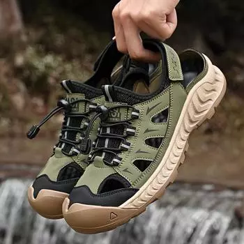 Модные новые летние мужские кожаные сандалии для мужчин, пляжные, противоскользящие, речные, легкие, амфибийные, износостойкие, пляжные, походные, походные туфли 39 зелёный