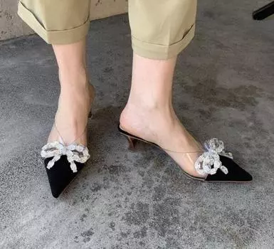 модные новые летние осенние туфли женские с острым носком на высоком каблуке со стразами и квадратной пряжкой на тонком каблуке 35 чёрный