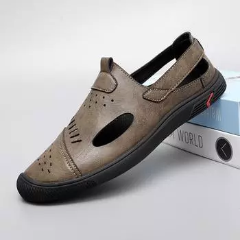 Модные новые летние повседневные кожаные сандалии ручной работы для мужчин, удобные пляжные туфли для отдыха на открытом воздухе, дышащие, открытые, на плоской подошве, дизайнерские мужские легкие мокасины 38 чёрный