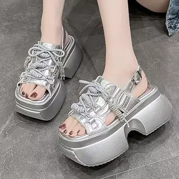 Модные новые летние повседневные тапочки, женская обувь, кроссовки на высокой платформе 8 см, дышащие каблуки, кроссовки на танкетке, женские кожаные сандалии на толстой подошве 34 серебряный