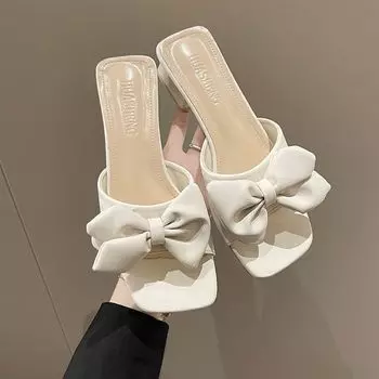 Модные новые летние тапочки на низком каблуке, женские босоножки с открытым носком и квадратным каблуком, с бантом, женские, большого размера 43, шлепанцы зеленого цвета 35 жёлтый