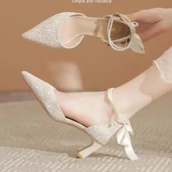 Модные новые летние туфли 2024 года, универсальные женские туфли на высоком каблуке с жемчугом, толстые каблуки, босоножки принцессы с бантом на высоком каблуке, туфли для вечеринки и свадьбы, большой размер 34 абрикосовый