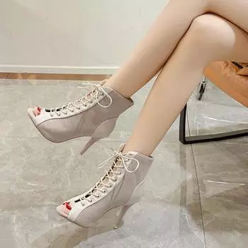 Модные новые летние женские ботильоны в готическом стиле на тонком каблуке с перекрестными ремешками и открытым носком, дизайнерские сексуальные туфли с высоким каблуком в форме рыбьего рта 35 бежевый