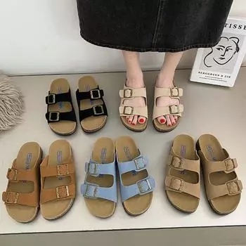 модные новые летние женские пробковые тапочки повседневные пляжные с двойной пряжкой нескользящие снаружи нубуковые кожаные сандалии на платформе женские 35 верблюд