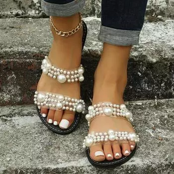 модные новые летние женские тапочки сандалии с твердым жемчугом с открытым носком плоские сандалии для отдыха на пляже модные шлепанцы размера плюс 43 Zapatillas 36 чёрный