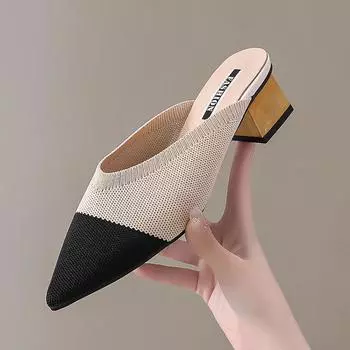 Модные новые летние женские желтые черные трикотажные шлепанцы мюли новые элегантные сетчатые дышащие тапочки на среднем каблуке с закрытым носком шлепанцы для вечеринок 36