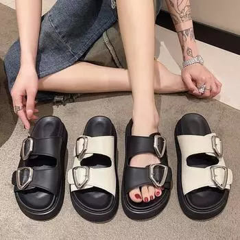 Модные новые модные тапочки с пряжкой на поясе и мягкой подошвой, удобные тапочки с открытым носком, модная женская обувь 2024 года, летняя пляжная обувь, сандалии, размер 35-40 35 бежевый