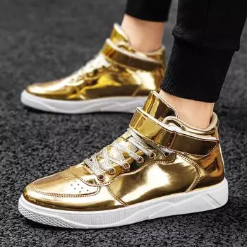 Модные новые модные золотые зеркальные кроссовки мужские роскошные дизайнерские туфли больших размеров высокие мужские повседневные кроссовки весна осень Zapatos Hombre 38