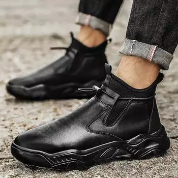 Модные новые мужские кожаные ботинки, легкие, повседневные, нескользящие, удобные туфли с высоким верхом из кожи, толстая подошва, повседневная спортивная обувь 39 чёрный
