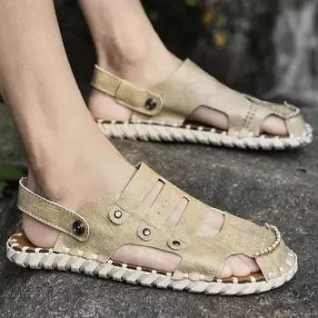 Модные новые мужские тапочки и сандалии из кожи, мужские сандалии для отдыха на природе, дизайнерские удобные и дышащие сандалии для ходьбы на открытом воздухе 38 бежевый