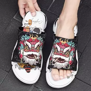 Модные новые мужские тапочки, нескользящие, износостойкие, пляжная обувь, персонализированная вышивка, модные мужские тапочки, сандалии для отдыха на открытом воздухе 39 чёрный