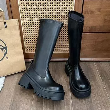 Модные новые наружные ботинки 2024 года, женские сапоги высокого качества, осень-зима, толстые, с круглым носком, однотонные, модные женские туфли Botas Mujer 35 чёрный