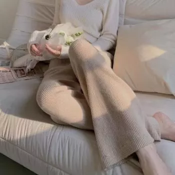 Модные новые однотонные трикотажные широкие брюки с высокой талией для женщин, осень и зима, элегантные повседневные свободные женские брюки, винтажные простые женские брюки 25690 S белый