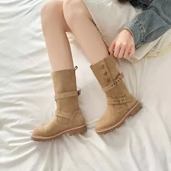 Модные новые однотонные женские сапоги до середины икры с двойной пряжкой, зима 2024 года, горячая распродажа, модная износостойкая обувь для женщин 35