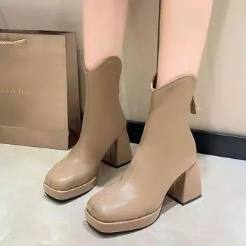 Модные новые однотонные женские туфли на молнии с современным квадратным каблуком 2024 года, хит продаж, туфли на высоком каблуке, простые модные ботинки с короткими рукавами для женщин 35 хаки