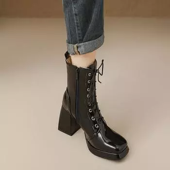 Модные новые осенне-зимние черно-белые мотоциклетные ботинки женские с квадратным носком на платформе с перекрестными шнурками на толстом высоком каблуке ботильоны 45 6