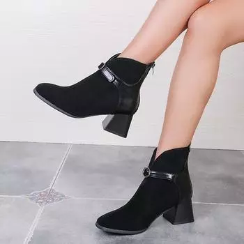 Модные новые осенне-зимние модные замшевые сапоги с квадратным носком и пряжкой на ремне, темпераментные, на толстом каблуке, с застежкой-молнией сзади, повседневные женские сапоги на высоком каблуке 35 чёрный