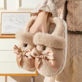 Модные новые осенне-зимние женские плюшевые тапочки из хлопка с бантом, женские домашние повседневные нескользящие толстые подошвы из мягкого хлопка 36-37(Fit 22.5-23cm) коричневый