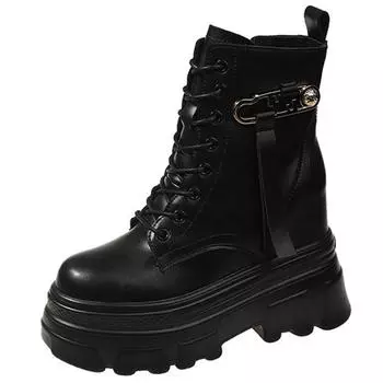 Модные новые осенние ботинки 2024 года на платформе с каблуком 10 см, женские зимние кожаные панковские ботинки на толстой подошве, массивные мотоциклетные ботинки для женщин 34 чёрный