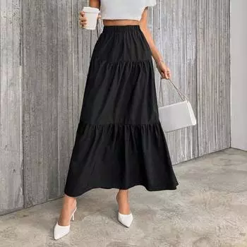 Модные новые плиссированные повседневные черные юбки А-силуэта, женские элегантные облегающие весенне-летние длинные юбки, женские винтажные однотонные юбки с высокой талией 25920 XS чёрный