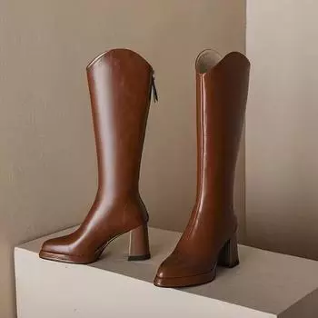 модные новые популярные женские сапоги с заостренным носком на среднем каблуке для женщин, уличные туфли на молнии, высокие на платформе, женские современные сапоги 35 бежевый