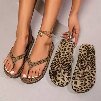 Модные новые повседневные модные мягкие подошвы с леопардовым принтом, пляжные шлепанцы с открытым носком, летние элегантные легкие сандалии на плоской подошве 2024 года 35
