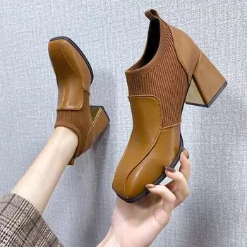 Модные новые простые женские туфли из искусственной кожи на высоком каблуке с квадратным носком для офиса и вечеринок 35 чёрный