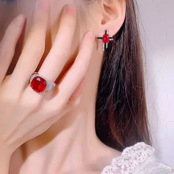 Модные новые прямоугольные серьги-гвоздики с бриллиантами, квадратное кольцо с бриллиантами, светлое роскошное кольцо с имитацией красного корунда, женский комплект из двух предметов