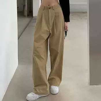 Модные новые прямые широкие брюки с высокой талией, женские однотонные свободные повседневные длинные брюки-карго, женские элегантные простые облегающие офисные женские брюки 25980 S чёрный