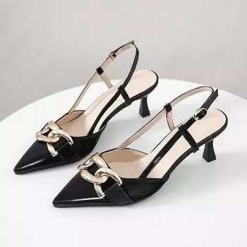 Модные новые ретро сандалии с металлической цепочкой и острым носком, женские туфли-лодочки, большие размеры, черные, зеленые, из мягкой кожи, с пряжкой сзади, на высоком каблуке, летние вечерние туфли 35 абрикосовый