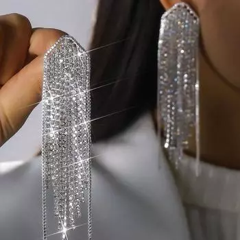 Модные новые серьги, длинные, со стразами, большие серьги для женщин, блестящие серьги-кисточки, свадебные украшения, подарок