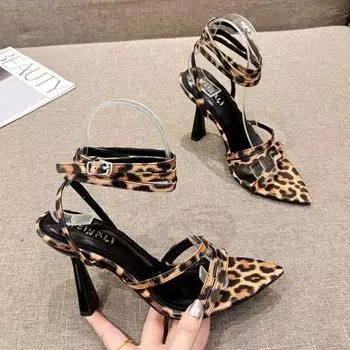 Модные новые сексуальные босоножки с острым носком и леопардовым принтом, женские летние босоножки-гладиаторы с открытым носком и пряжкой на высоком каблуке, вечерние туфли 35 чёрный