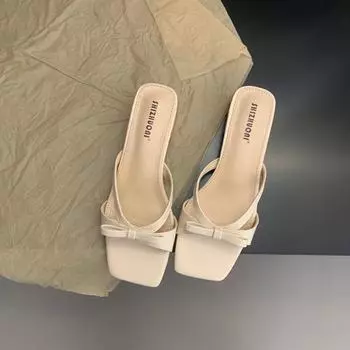 Модные новые стильные туфли с квадратным носком и толстым каблуком, с неглубоким горлом, дышащие, однотонные, украшенные бантом, элегантные женские туфли, повседневные тапочки 35 бежевый