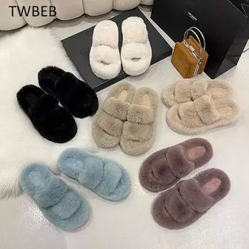 Модные новые стильные женские большие шерстяные тапочки на высоком каблуке с толстой подошвой для женщин, которые можно носить на улице зимой 35 бежевый