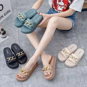 Модные новые тапочки с мягкой подошвой для женской летней верхней одежды с толстой подошвой и цепочкой в корейском стиле. Модные домашние тапочки с толстой подошвой. 36