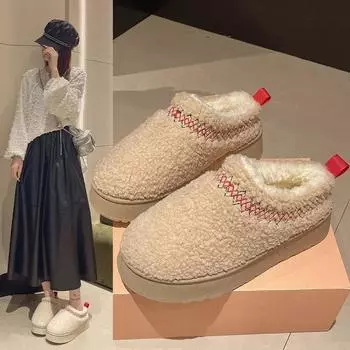 модные новые теплые меховые ботильоны женские туфли на плоской подошве тапочки на платформе плюшевые шлепанцы зимняя хлопковая обувь для женщин фирменный дизайн снежные ботинки 36 бежевый