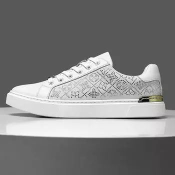 Модные новые туфли для мужчин Кожаные повседневные туфли Трендовые полосатые туфли на плоской подошве для скейтбординга Молодежная уличная мода Белые кроссовки 39 белый