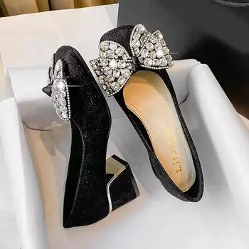 Модные новые туфли для женщин, модные блестящие туфли-лодочки OL с квадратным носком и стразами, на высоком каблуке, туфли-лодочки, большой размер 35 чёрный