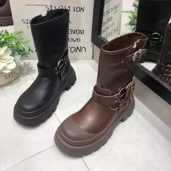 Модные новые туфли для женщин, женские сапоги без застежек, осенние, с круглым носком, с пряжкой, на платформе, водонепроницаемые, до середины голени, в стиле вестерн 35 чёрный
