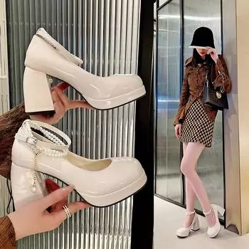 Модные новые туфли Мэри Джейн с круглым французским носком на высоком каблуке для женщин 2024 года, осенние водонепроницаемые толстые каблуки, модные и универсальные 34 бежевый
