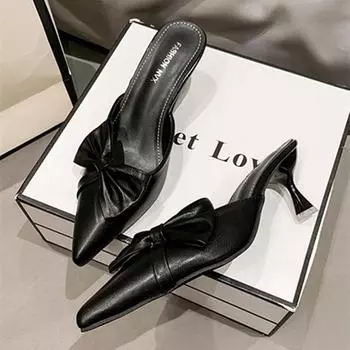 Модные новые туфли на высоком каблуке для женщин, элегантные туфли-лодочки с острым носком, изящные туфли-слайды на высоком каблуке для женщин, модные дизайнерские босоножки с бантом для женщин 35 чёрный