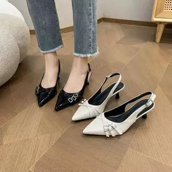 Модные новые туфли на высоком каблуке с острым носком и неглубоким горлышком, летние пикантные элегантные женские туфли на шпильке с пряжкой, украшенные пряжкой.:603 34