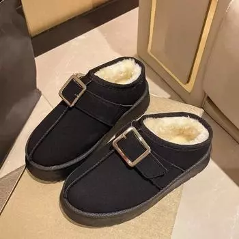 Модные новые туфли, плюшевые тапочки для взрослых, низкие мокасины, закрытый носок, зимняя обувь, флоковые шлепанцы, женские тапочки на платформе, меховые, на плоской подошве 2024 36 чёрный