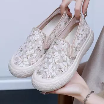 Модные новые туфли женские сетчатые дышащие плоские мягкие повседневные туфли для женщин новинка 2024 года модные мокасины с вышивкой на толстой подошве 35 бежевый