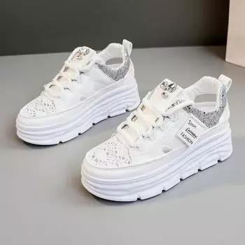 Модные новые универсальные полые дышащие женские туфли 2024 года, модные повседневные спортивные туфли с толстой подошвой и увеличивающие рост, кроссовки 34 хаки