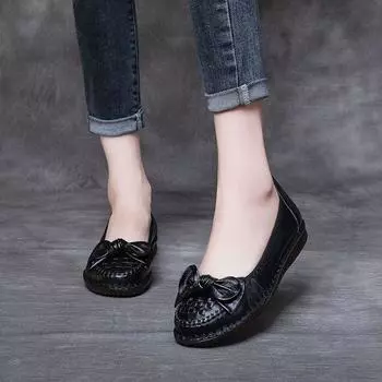Модные Новые Весенние Женские Лоферы Женские Натуральная Кожа Мягкие Мокасины Женские Ретро Бабочка-узел Цветок Летние Балетки CN35 (foot 22.5cm)