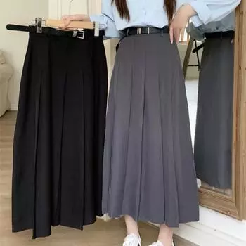 Модные новые винтажные плиссированные А-силуэта свободные юбки женские с высокой талией тонкие элегантные юбки средней длины женские повседневные однотонные простые женские юбки с поясом 26110 S чёрный