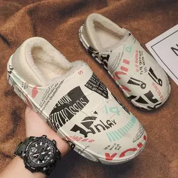 Модные новые водонепроницаемые тапочки, мультяшная обувь для осени и зимы, толстая подошва, нескользящая, домашняя сумка, каблук, плюшевые теплые туфли для женщин 37-38 бежевый